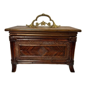 Chic Vintage Large Faux Bamboo and Rattan Memory Keepsake Box With Decorative Brass Handle