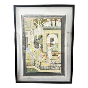 Large Framed Persian Indian Islamic Mughal 19th Century Palace Scene Painting on Silk