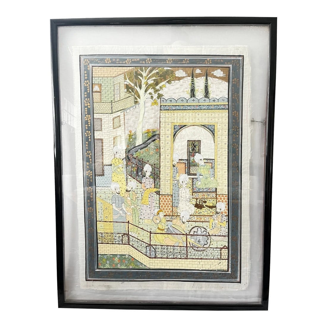 Large Framed Persian Indian Islamic Mughal 19th Century Palace Scene Painting on Silk: Hand painted scene on silk depicts a 19th century Indo-Persian Rajastan palace scene in the Indian Mughal School style. Maharajah palace where guest are gathering for a party with musicians, food and 