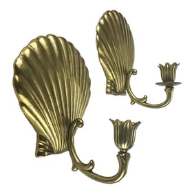 Solid Brass Scallop Shaped Candle Stick Wall Sconces a Pair