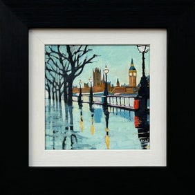 Angela Wakefield, Miniature Painting of Victoria Embankment London & Houses of Parliament in Rain, 2