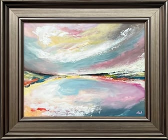 Abstract Landscape Seascape Art With Pink Blue & White Sky by British Artist