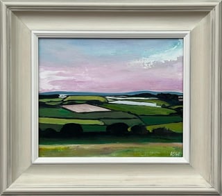 Angela Wakefield, Patchwork quilt of vibrant green pasture, ploughed fields and farmland hedgerows,