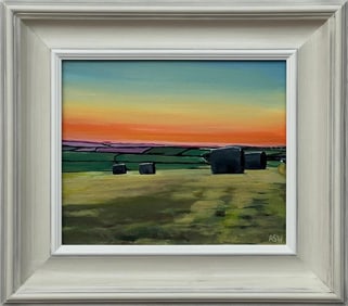 Hay Bales in Devon at Summer Sunset in the English Countryside by British Artist, 2024, Framed