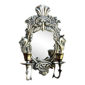 Ornate Vintage Silver Mirrored Double Candelabra Candle Wall Sconce With Baroque Detailing