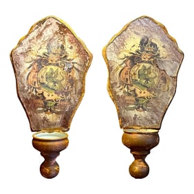 1950s Hand Painted Venetian Rustic European Coat of Arms Mirrored Shield Wall Bracket Candle Sconces