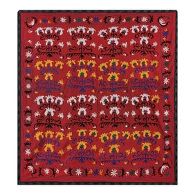 Red Ethnic Suzani Wall Hanging - Bukhara Embroidered Boho Throw