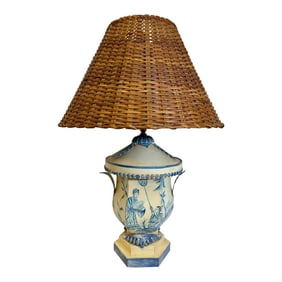 Vintage Chinoiserie Hand Painted Tole Table Lamp With Wicker Shade