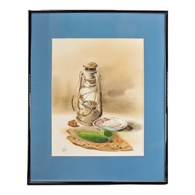 Still in Life Watercolor Painting Framed Lantern Signed Original