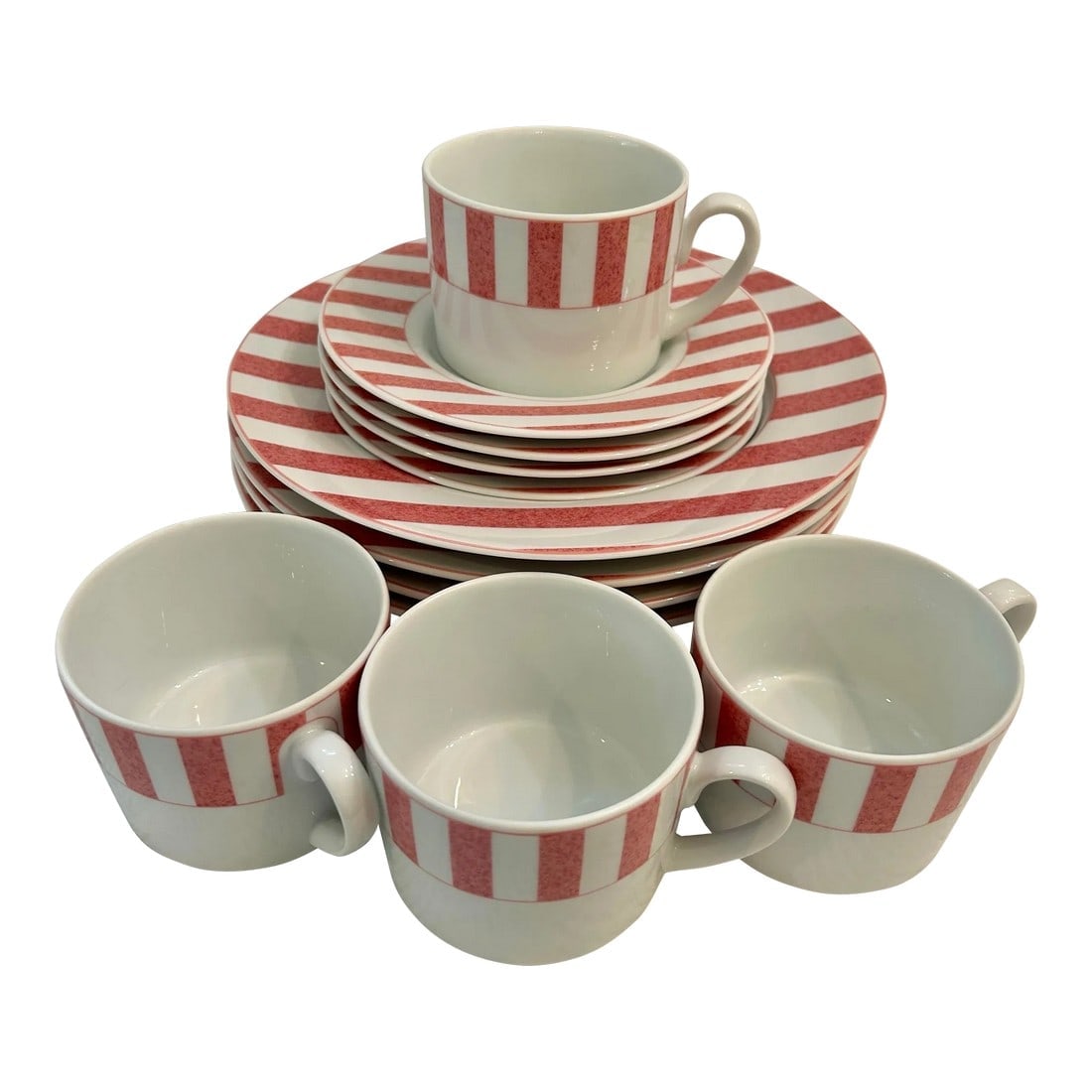 1990's Christopher Stuart Fine China "œCapri Rose" - a Set of 12 Pieces: Christopher Stuart, American artist and designer, produced this cheerful pink and white striped China pattern from 1996-1997. The pattern is "Capri Rose" and this set consists of 4 cup and saucer sets