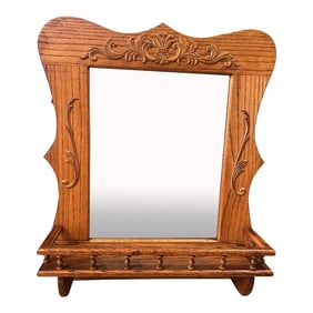 1950's Solid Oak Framed Beveled Wall Mirror With Gallery Shelf and Carved Appliqué