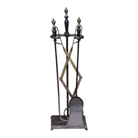Early 20th Century Cahill Iron Works 4 Piece Fireplace Tool Set Brass & Black Iron, Made Tennessee