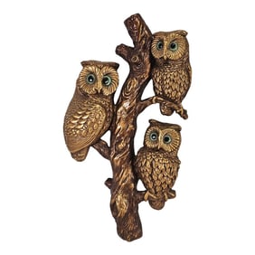 Mid-Century Modern Gold Chalk Ware Owl Wall Art, Progressive Art Products, 1966, 25.5"