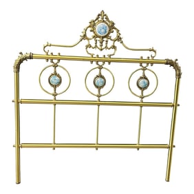 1980s Decorative Rococo Filigree Brass Twin Headboard With Blue and White Cameos