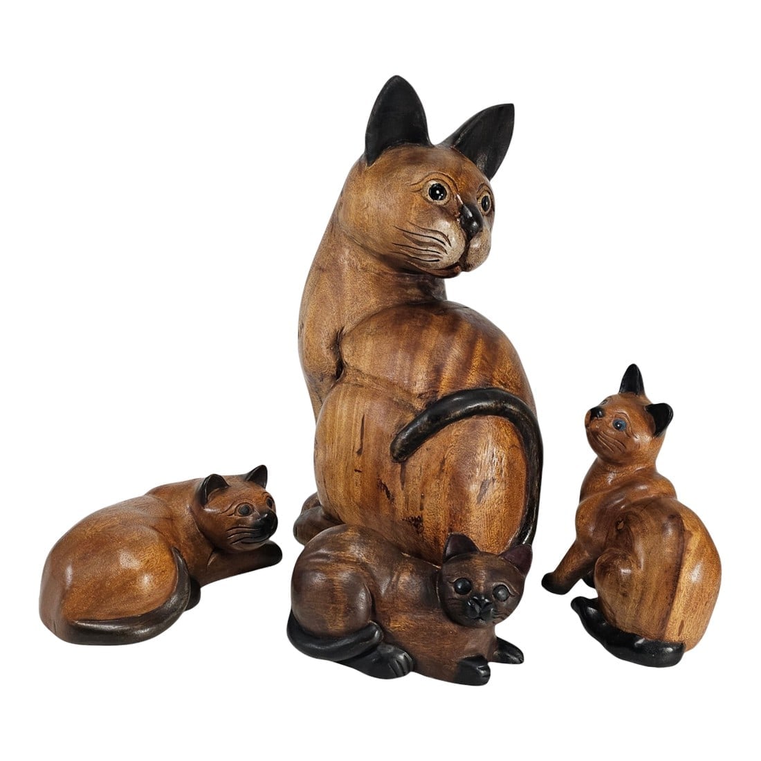 Vintage Carved Wood Siamese Cat & Kittens – Primitive Folk Art Set of 4, 20.5" (1 of 12)