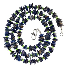 33-Inch Striking Combination of Lapis Lazuli and Green Czech Beads Necklace