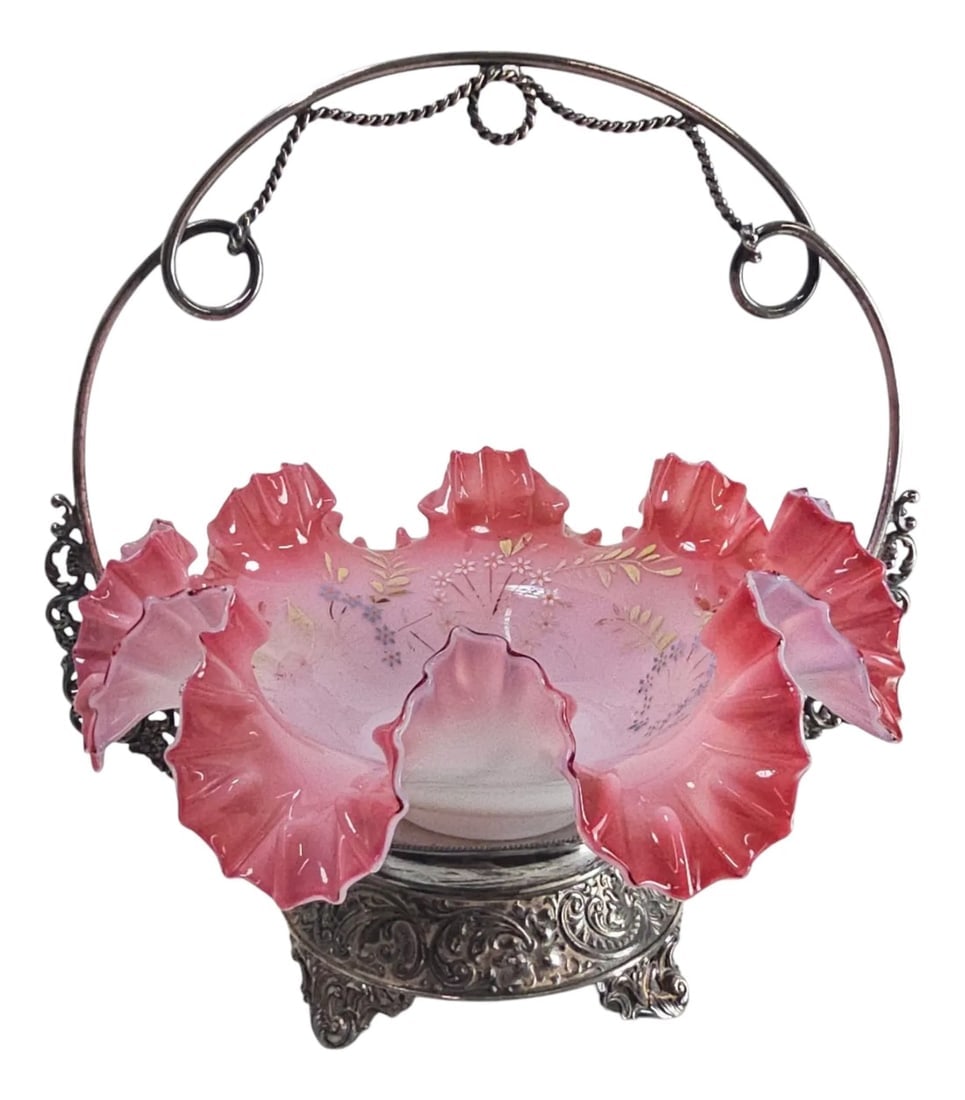 Exquisite 1850-83 Eg Webster Pink Peach Blow Bride's Basket – Silver Repoussé: This exquisite 1850-83 EG Webster Pink Peach Blow Bride's Basket is a stunning example of Victorian artistry, combining hand-blown ruffled glass with ornate silver repoussé detailing. The high-gl