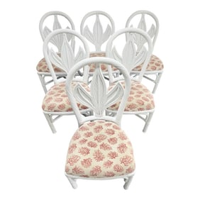 Vintage Palm Beach Coastal Braided Rattan Dining Chairs With Palm Leaf Motif - Newly Painted - Set o