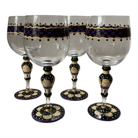 Large 1990s Mackenzie-Childs Style Hand Painted Checkerboard and Cabbage Rose - Set of 4