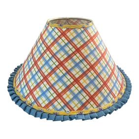 1980s Large Blue, Yellow, Pink Windowpane Plaid Empire Lamp Shade With Twill Ruffled Edge