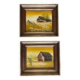 Original Vintage Signed Framed Oil Paintings Outdoor Barn Scene, a Pair