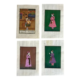 Early 20th Century Vintage Miniature Indo Persian Mughal Painting With Manuscript, Set of Four