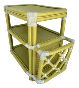 Vintage Palm Beach Regency Rattan Wicker Side Table – Lemon Grass Yellow Finish With Leather