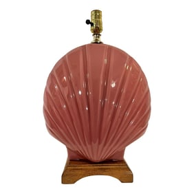 Vintage Coastal Palm Beach Regency Reverse Painted Pink Glass Shell Lamp on Wooden Base