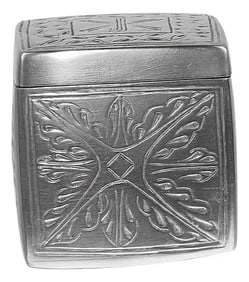 Late 20th Century Square Lidded Pewter Box With Christian Motif