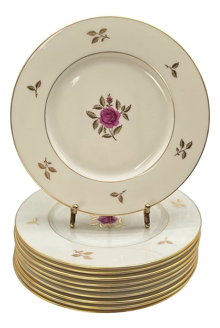 Vintage Lenox Rhodora Salad Plates – Set of 10 Pink Rose & Gilded Fine Porcelain Usa 8.25": Each plate is a quiet conversation"”porcelain whispering through gold. The rose in the center, unabashed and vivid, sits like a memory still blooming. Gold leaves drift along the rim like presse