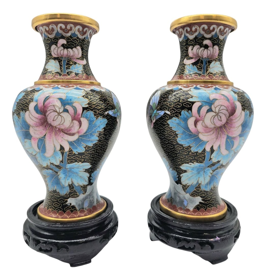 Jingfa Chinese Cloisonné Enamel Peony and Butterfly Vases on Wood Stands, Pair (1 of 7)
