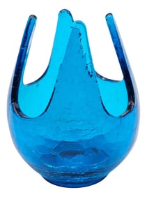 Mid-Century Viking Bluenique Crackle Glass Votive Patio Candle Holder, Rare 5" HTF