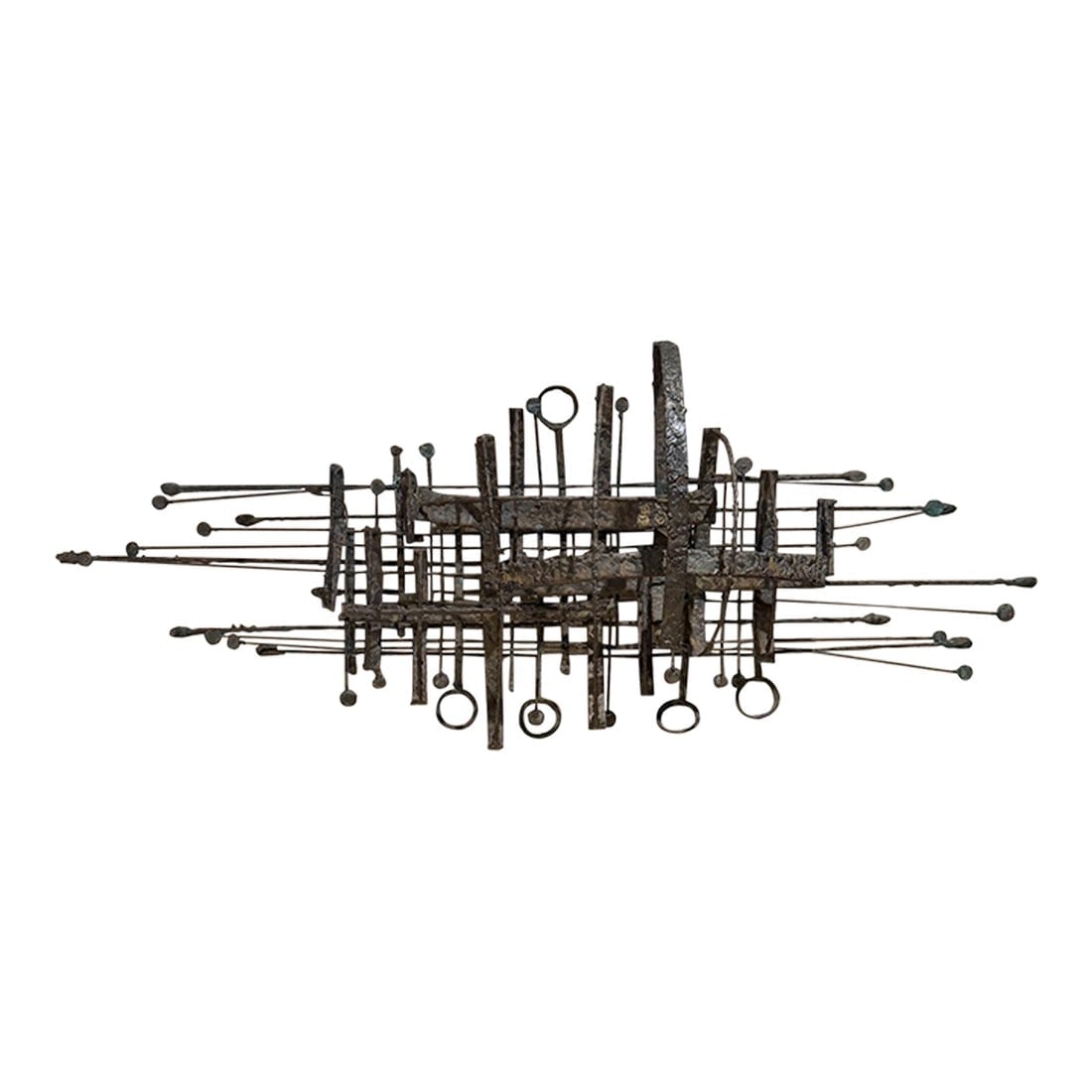 Phil Rowe 1963 Brutalist Brass Wall Sculpture Mid Century Modern Contemporary: For your consideration a Brutalist sculpture by Phil Rowe, Chicago 1963 (signed verso). Beautiful composition abstract metal brass-bronze from Mid Century Period. Tortured brutalist texture plays a un