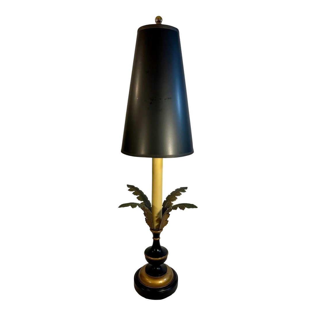 Vintage Hollywood Regency Acanthus Leaf Candlestick Table Lamp by Sarried: Allow me to introduce you to this exquisite Vintage Hollywood Regency Sarried Ltd Acanthus Leaf Candlestick Lamp with a black conical shade. This stunning piece effortlessly combines elegance, glamour