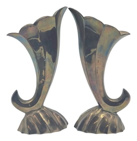 Mid-Century Brass Cornucopia Vases in Art Deco Revival Style, Pair