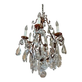Mid 20th Century Vintage Louis XVI Style 6-Light Bronze, Copper & Crystal Chandelier
