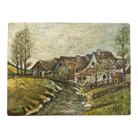 Beautiful Antique Oil Painting Small Village Scene, Circa 1900