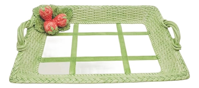 Vintage Italian Bassano Ceramic Tray – Hand-Painted Strawberry Motif With Basketweave Texture