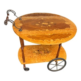 Vintage Italian Marquetry Two Tier Drop-Leaf Dessert/Bar Cart Trolley, Tea Cart