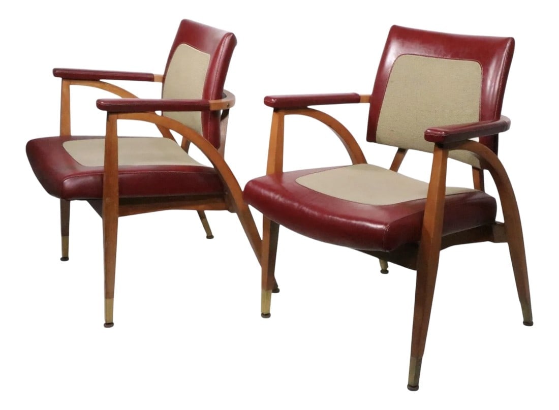 Mid Century Lounge Chairs by the Boling Chair Co. Circa 1964 - Set of 2: Voguish pair of Mid Century lounge chairs made in North Carolina circa 1964, by the Boling Chair Company. The chairs feature exposed bentwood framed with combination vinyl and fabric seats and back re