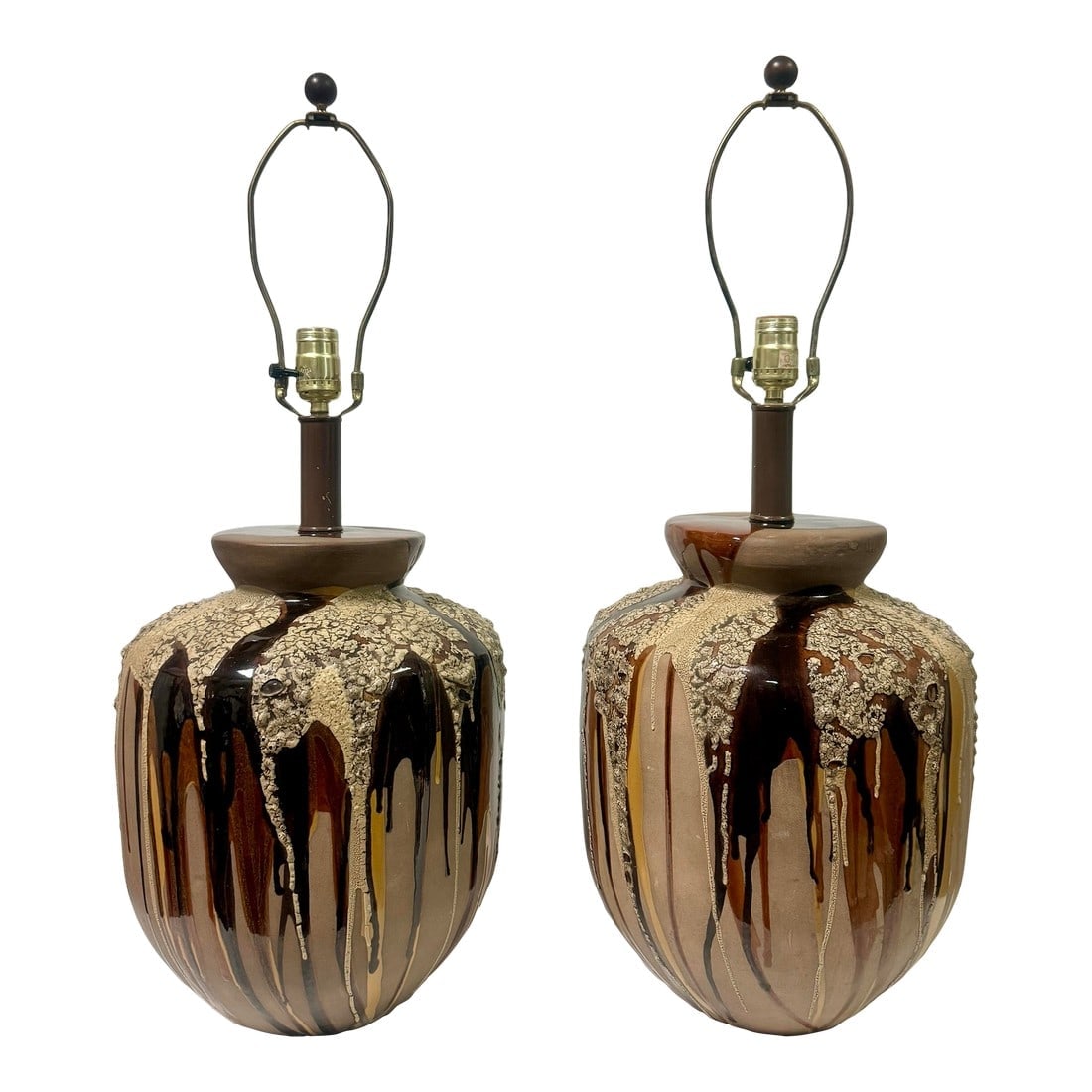 Vintage Mid-Century Modern Drip Glaze Table Lamps. - A Pair: **Retitled Listing:** "Charming Vintage Mid-Century Modern Drip Glaze Table Lamps - A Pair by Sunset Cosco Inc." Enhance your living space with this charming pair of vintage mid-century modern table l
