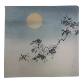 19th Century Antique Japanese Blossoms in Moonlight Ink Woodblock Print by Kason