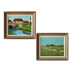 Midcentury French Paintings of an Estate on River, a Pair