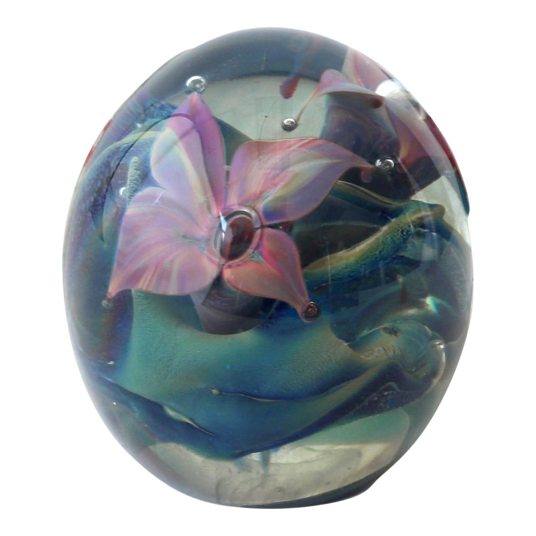 1980 Signed John Barber Paperweight: This exquisite paperweight, signed by renowned Laguna Beach artist John Barber, is a captivating piece of art. Known for his masterful glasswork, Barber's signature adds a touch of authenticity and pr