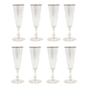 1920s French Gold Rim Crystal Champagne Flutes S/8