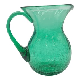 Hand Blown Deep Green Crackle Glass Pitcher – Rainbow #922 Sculptural Vintage Vessel