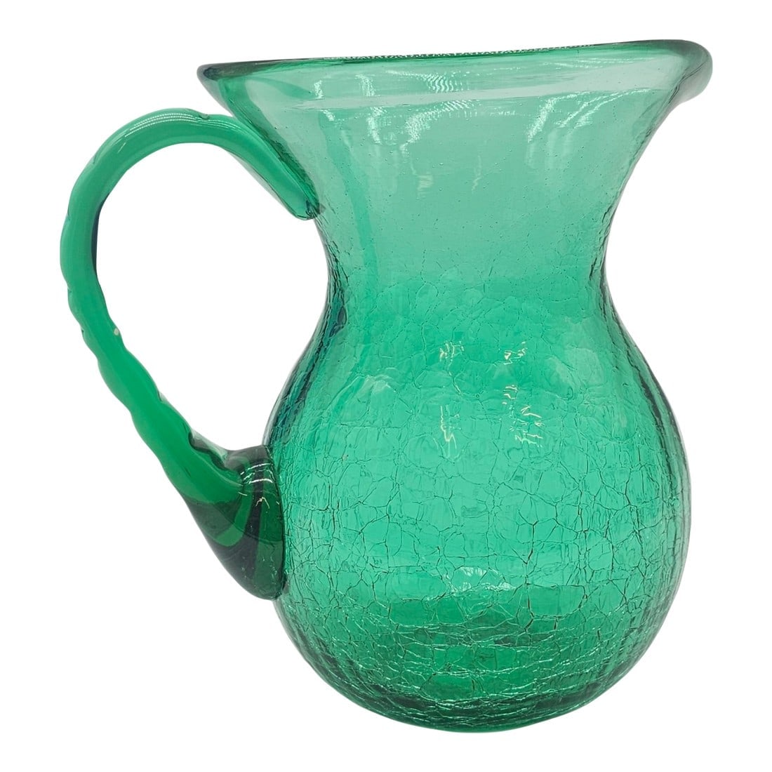 Hand Blown Deep Green Crackle Glass Pitcher – Rainbow #922 Sculptural Vintage Vessel (1 of 6)