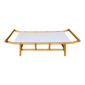 Vintage John Wisner for Ficks Reed Style Pagoda Rattan Low Coffee Table / Bench