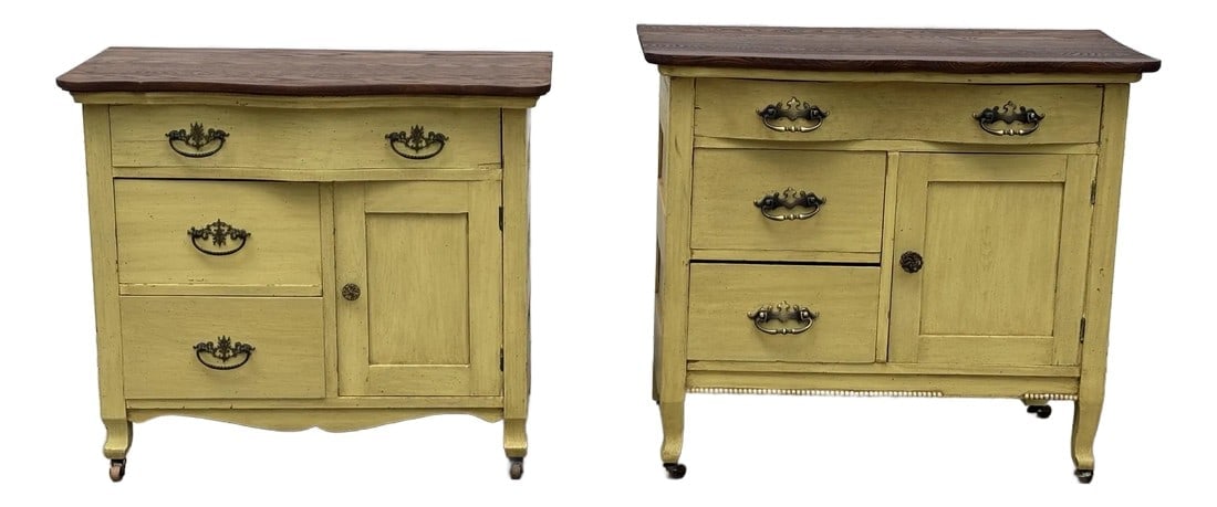 Antique Painted Oak Farmhouse Serpentine Nightstand Cabinet Commodes- A Pair: A complimentary matching pair of antique nightstands or cabinet commodes. Early 1900s era with terrifically refinished tops since their original construction. Each exhibits slight differences, however
