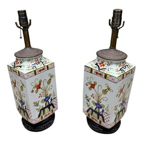 Pair Hand Painted Porcelain Chinese Lamps Kutani Revival Hollywood Regency